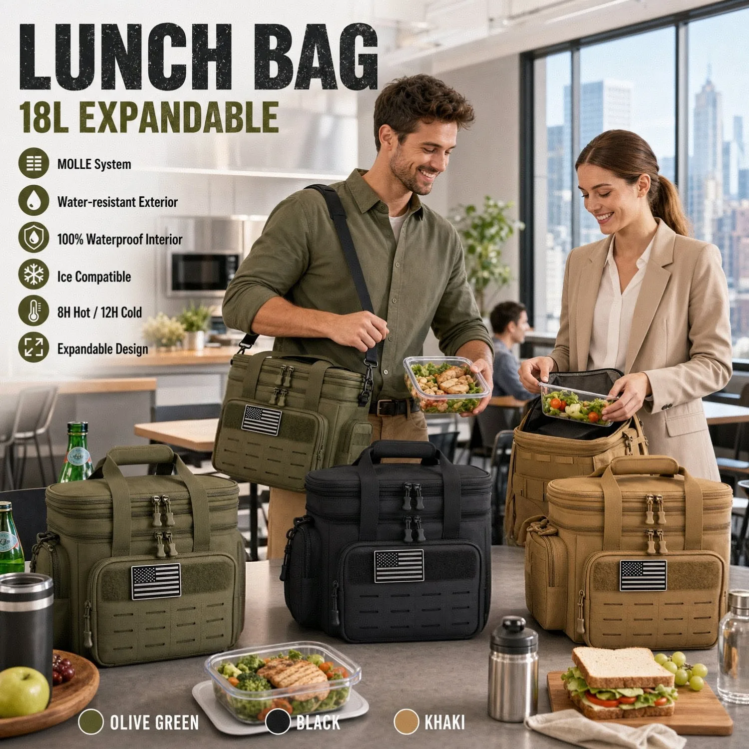 18L Insulated Lunch Bag Tactical Cooler Box for Men Women Expandable Leakproof Thermal Lunch Box Work Office Adults Reusable Large Capacity Meal Prep Bag Heavy Duty Camping Picnic Outdoor Travel School Commuter Construction Worker Shoulder Cooler Tote