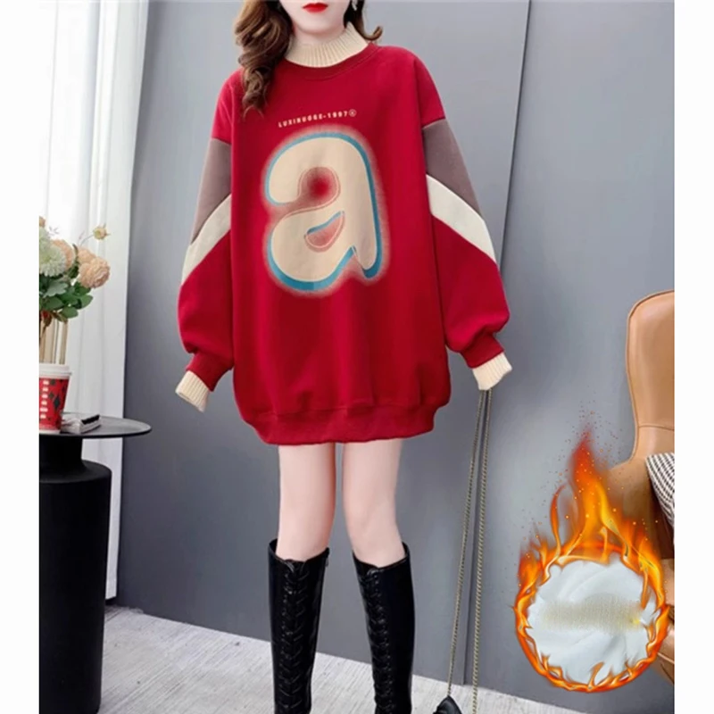 Fashion Stand Collar Printed Letter Sweatshirts Female Clothing 2024 Autumn Winter New Loose Casual Tops Korean Warm Sweatshirts