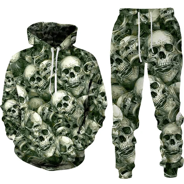 Autumn Winter Men Punk Hoodies Suit Skull 3D Print Tracksuit/Pants Goth Skeletons Long Sleeve Pullover Oversize Kids Sets