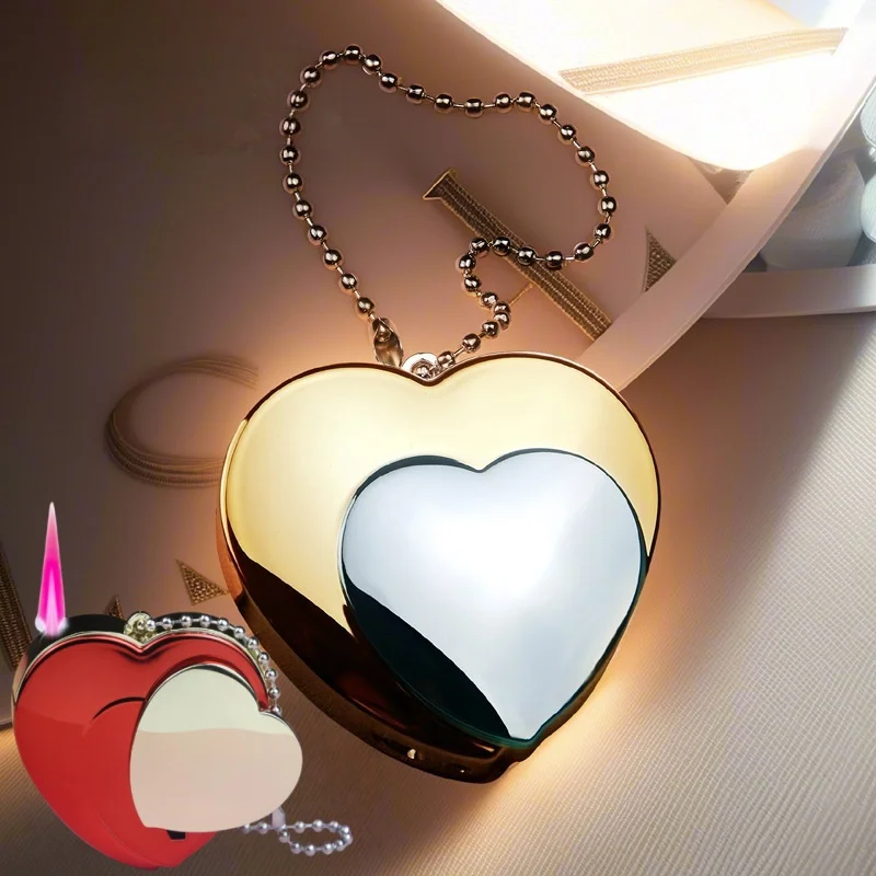 New Metal Heart-shaped Pendant Lighter Windproof Jet Pink Flame Inflatable Portable Lighter, Perfect as a Gift for Men and Women