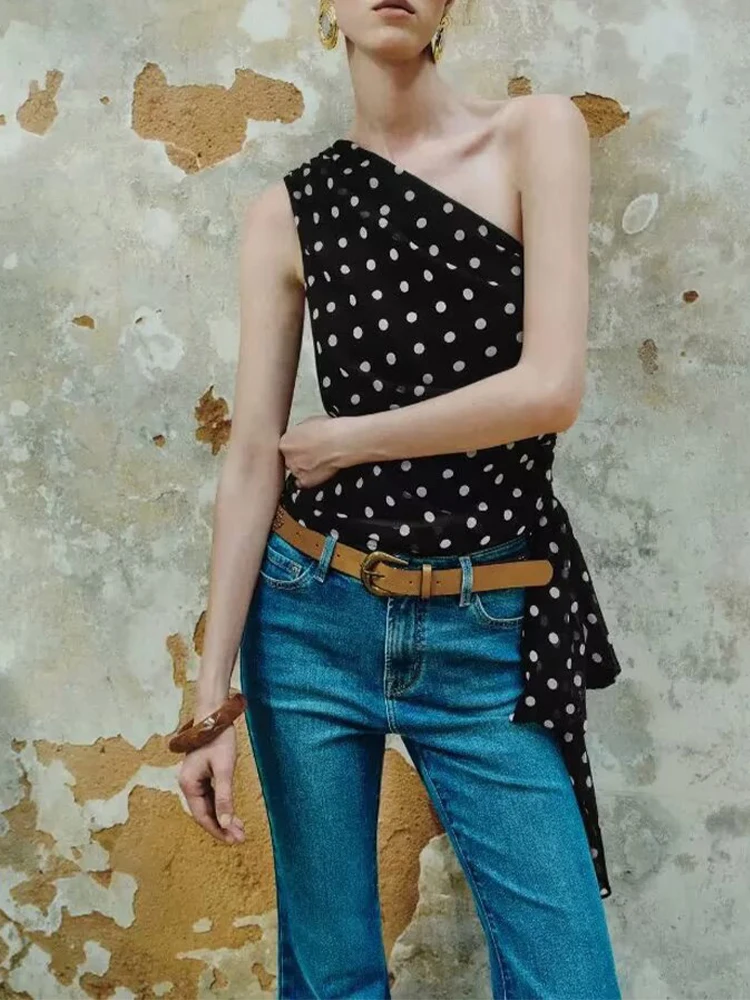 

European style new women's fashion versatile temperament polka dot print oblique shoulder pullover chiffon shirt