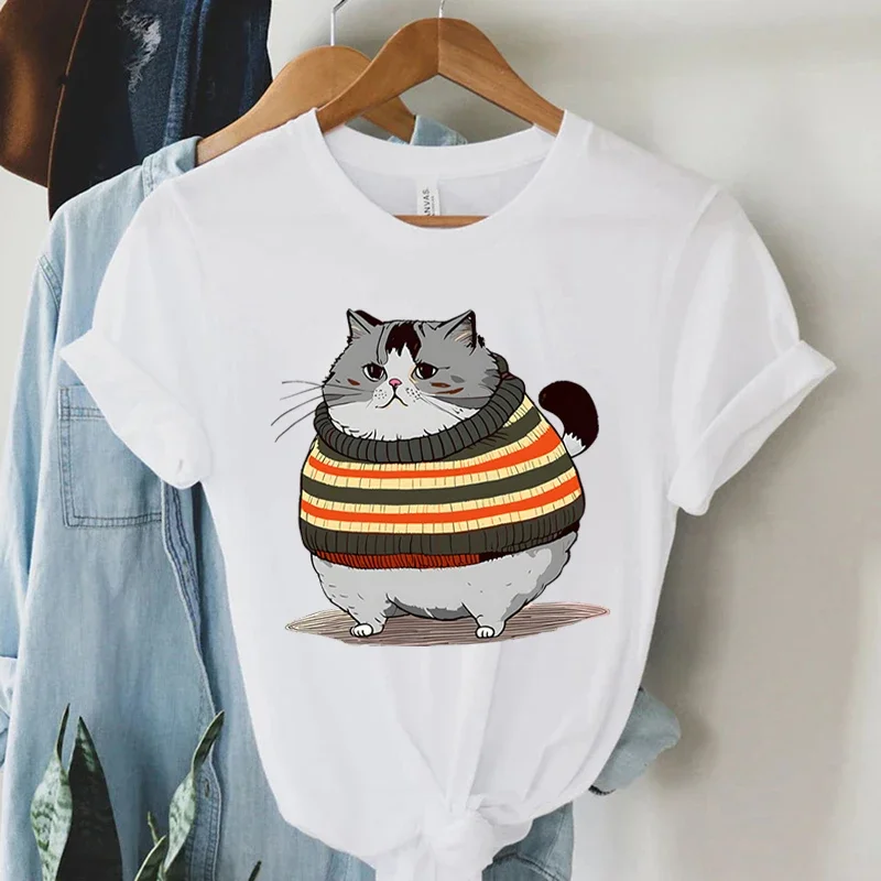 

Fat Cat Print Fashion T-shirts Animal Lovers Gifts T-Shirt Fat Cat Wearing Graphic T Shirts Women Animals Essential Casual Tops