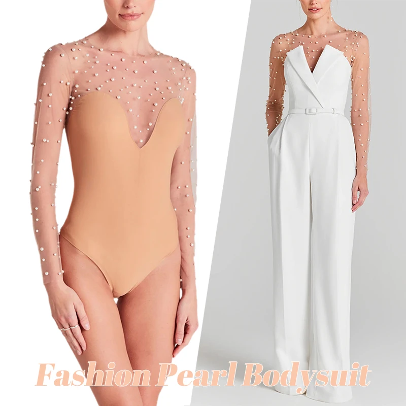 Fashion Pearl Bodysuit Women Spring Summer Elegant All-match O-neck Slim Hip Package Pearls Jumpsuit Party Club Stage Leotard