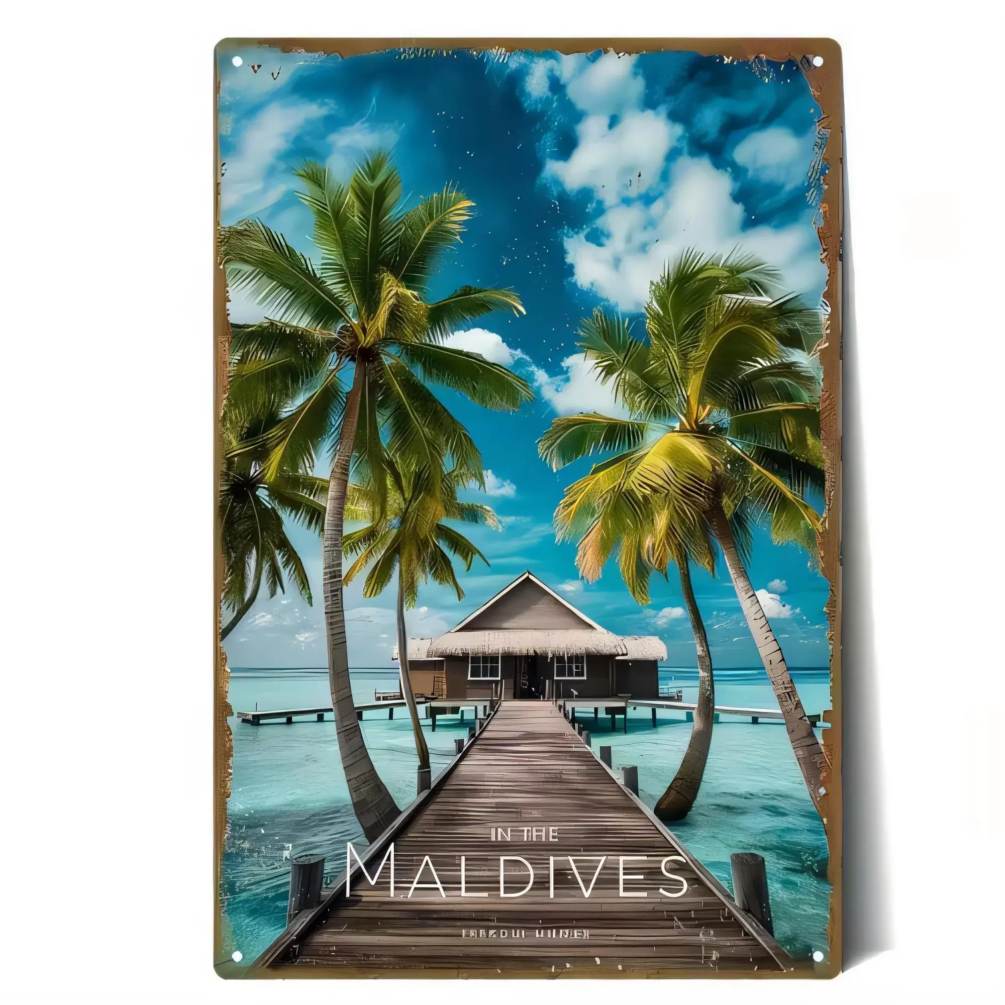 Tin Sign Metal Vintage Beach Pier Trees Wall Decor In the Maldives Tropical Sea Poster Plaque  Rustic Cottage Bar Garage Home