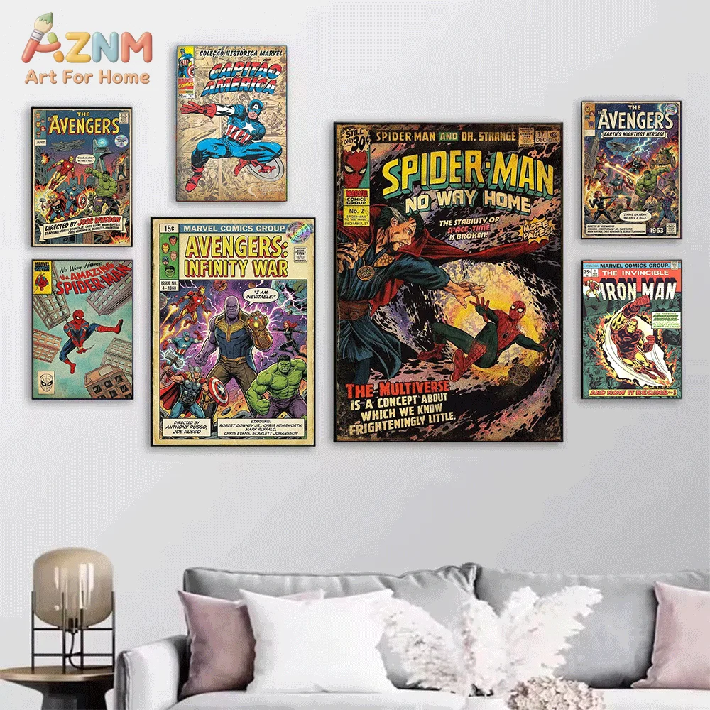 AZNM Vintage Marvel Superhero Comic‑Book Collage Frameless Canvas Wall‑Art Print Avengers Captain America Iron Man Spider‑Man