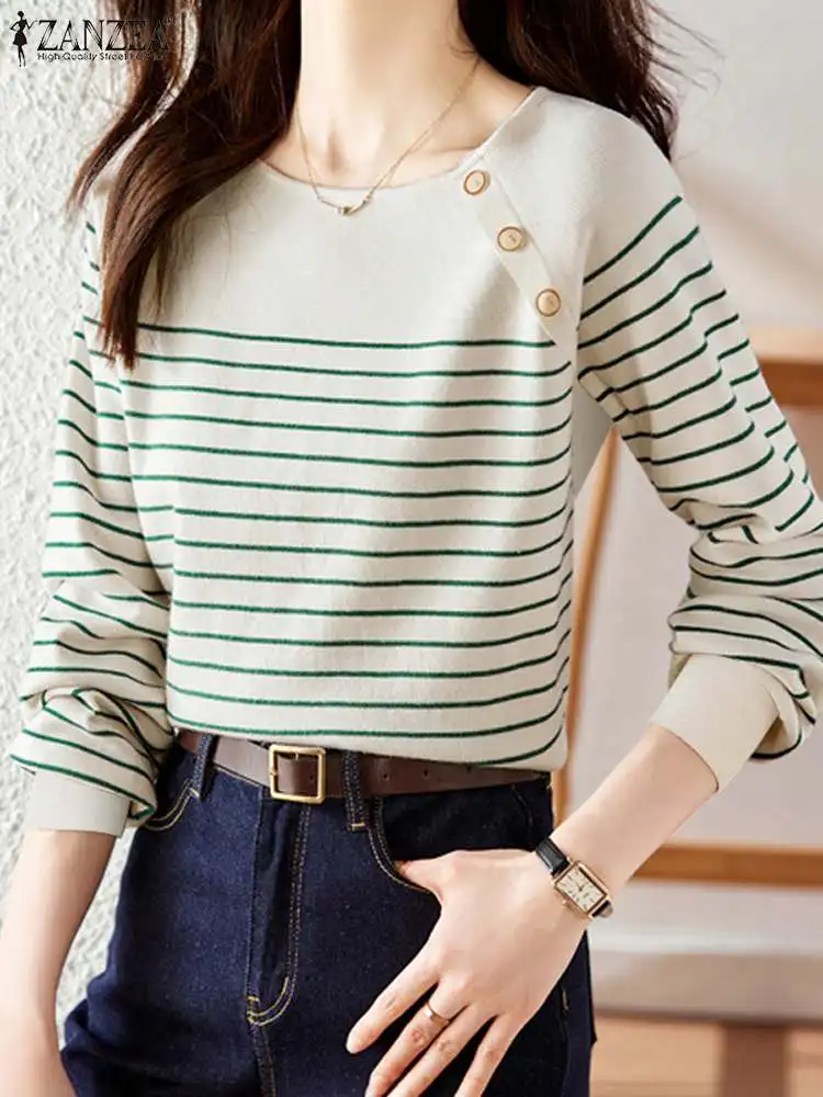 ZANZEA Women Autumn Tops Vintage Striped T Shirts Fashion Round Neck Long Sleeve Tunics Casual Loose 2025 Korean Baggy Blouse