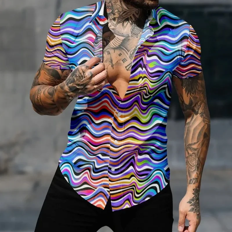 Casual Hawaiian Shirt Men Fashion Wave Tie-Dye Stripes Streetwear Tops Holiday Harajuku 3D Print Cozy Short Sleeve Beach Clothes