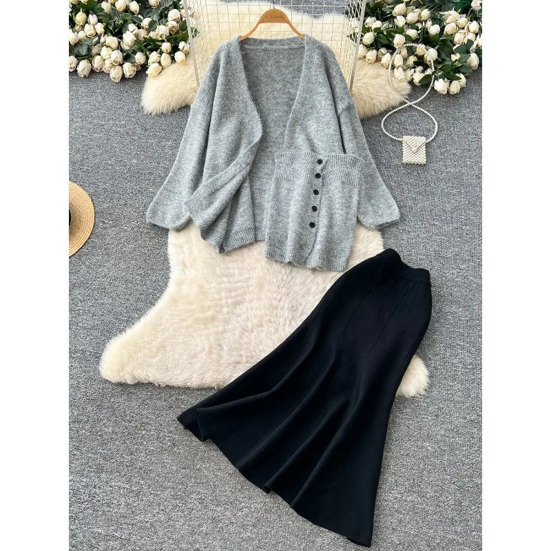 

Модная одежда, женский комплект из трех предметов, топы без бретелек с внутренней пряжкой, свободный внешний свитер, кардиган, длинная верхняя юбка «рыбий хвост», элегантная