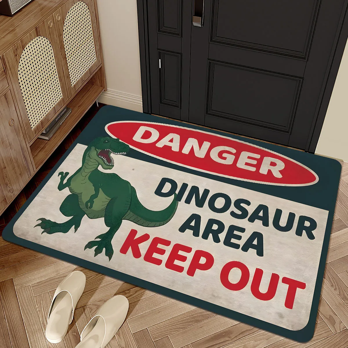 1pcs Dinosaur Danger Sign Doormat Non Slip Washable Fun Entry Rug for Kids Room Garage Porch  40x60cm
