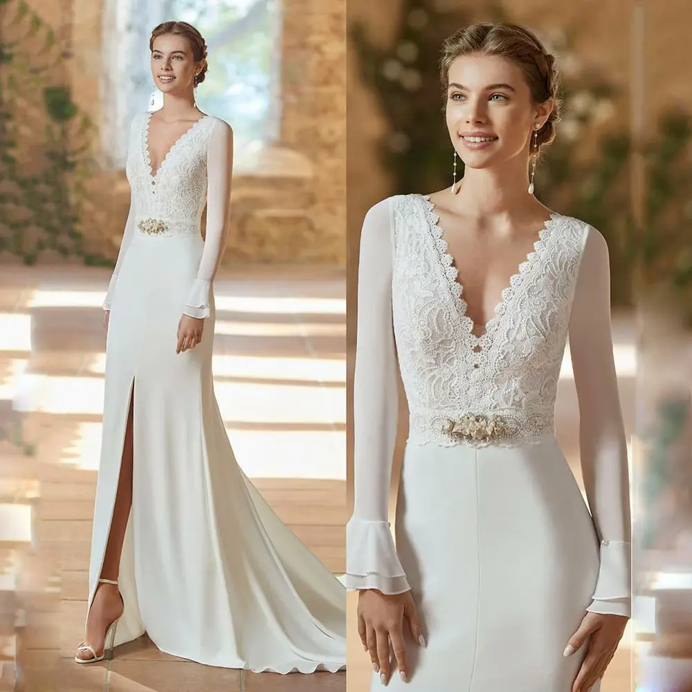 Lvory Split Mermaid Wedding Dress Chiffon Lace Modern Sexy Deep V-Neck Long Sleeve Bridal Dress Plus Size Customized Robe 2023