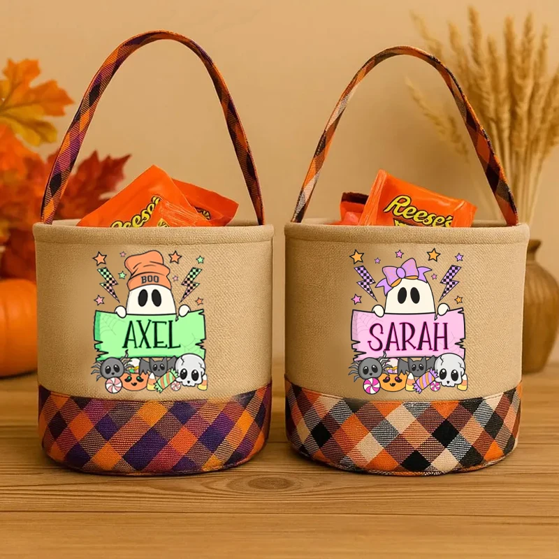 

Personalized Halloween Cute Ghost Bucket Custom Trick or Treat Gift Bag for Kids Boys Girls Festival Funny Decoration Accessory