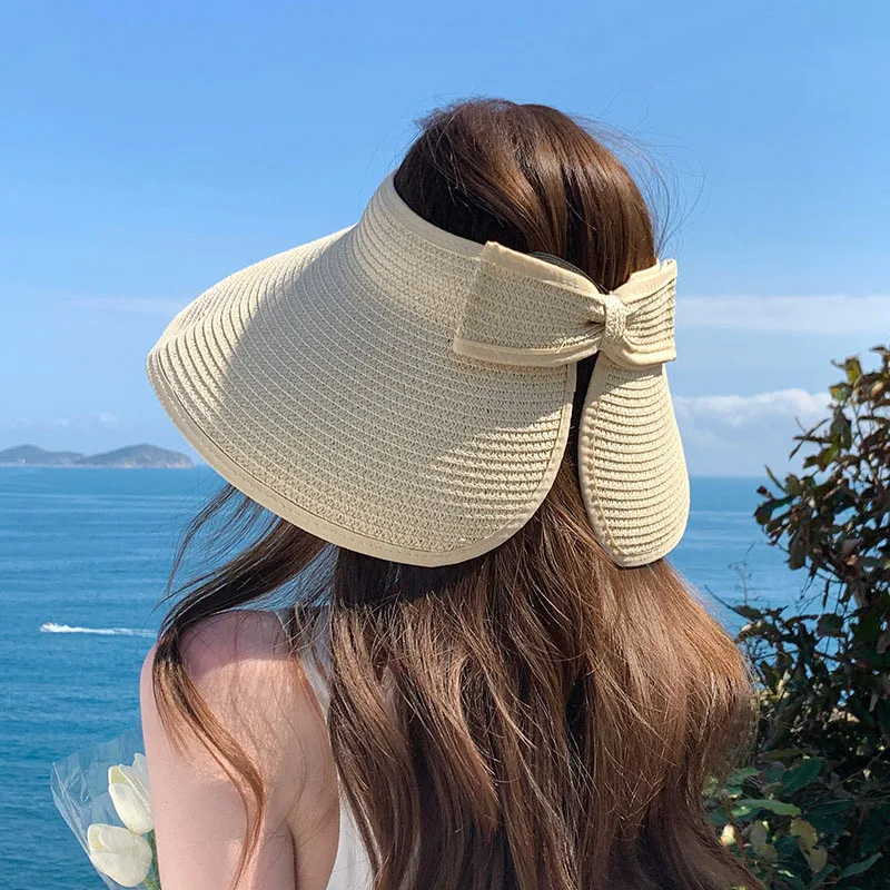 Summer Straw Hat Women Large Eaves Collapsible Empty Top Sun Cap Female Outdoor Beach Fashion Sun Protection Bucket Hat Bonnet