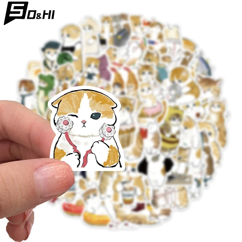 64Pcs Cute Cat Cartoon Stickers Aesthetic Kawaii Animal Decals Kids Toys Scrapbook Laptop Luggage Phone Graffiti Sticker