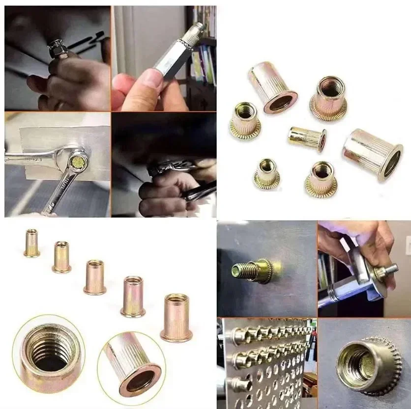 220 ชิ้น M3 M4 M5 M6 M8 M10 M12 Rivet Nuts แบนหัวเกลียวใส่ Nutsert Cap สําหรับ Riveter Nut Gun เหล็กคาร์บอนชุบสังกะสี