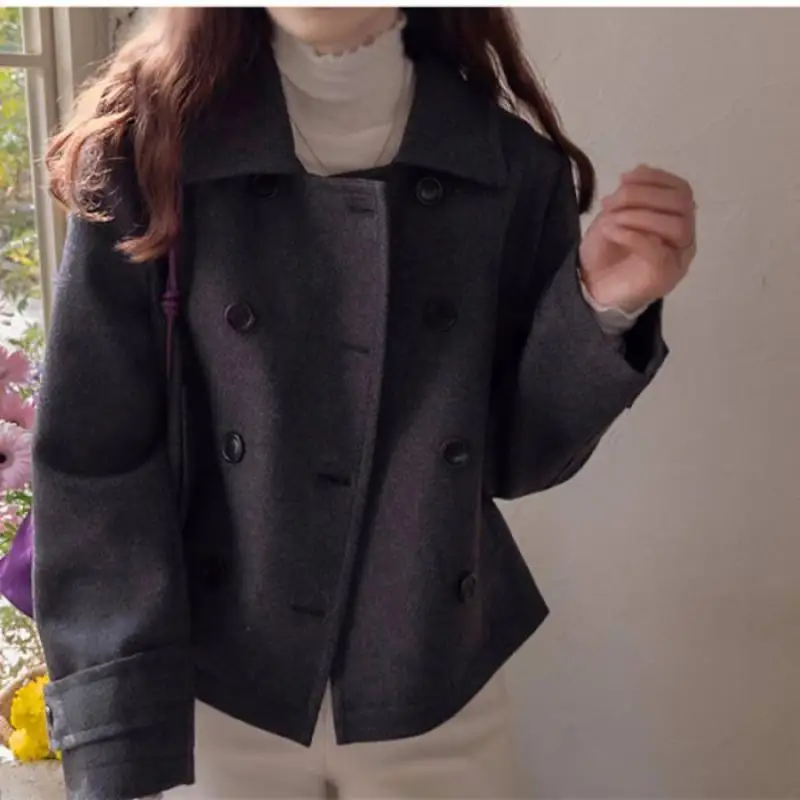 

Double Breasted Woolen Coat Women Loose Turn-down Collar Long Sleeve Short Jacket Autumn Winter Elegant Casual Outwear