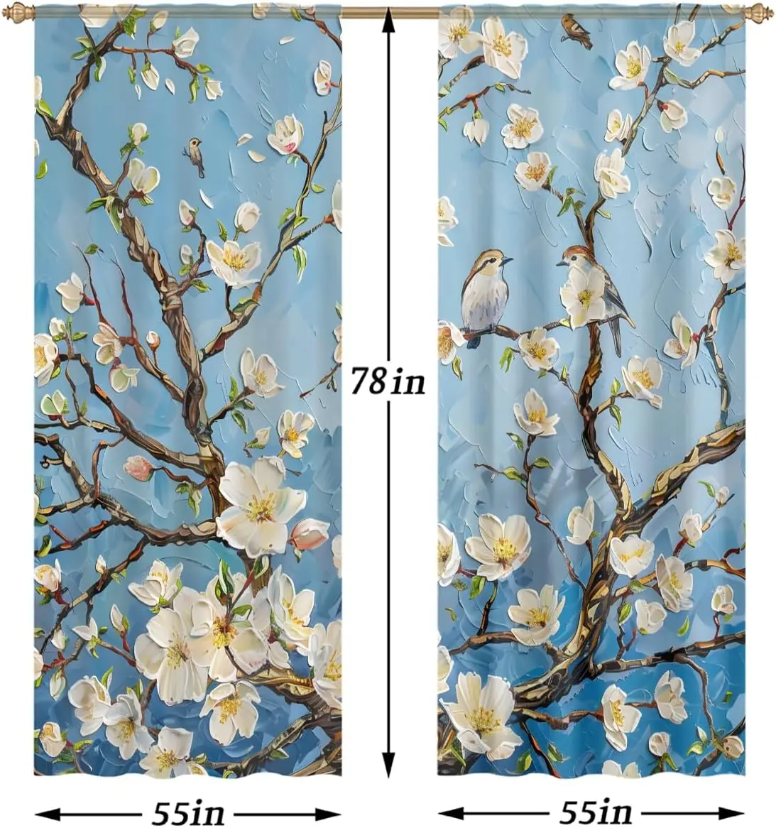 Impasto Oil Painting Magnolia Twig Sparrow Curtains 2 Panels Sky Blue White Flower Bird Light Blocking Drapes Soft Balcony Rest