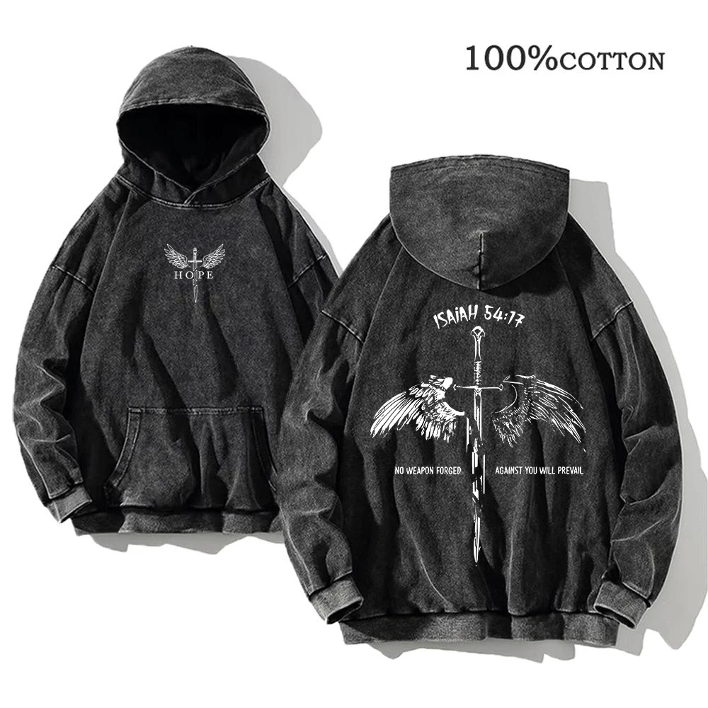 Men's Wing And Cross Print Washed Hoodie Loose Fit 100% Cotton Distressed Sweatshirt Street Style Autumn Winter Commuter Top