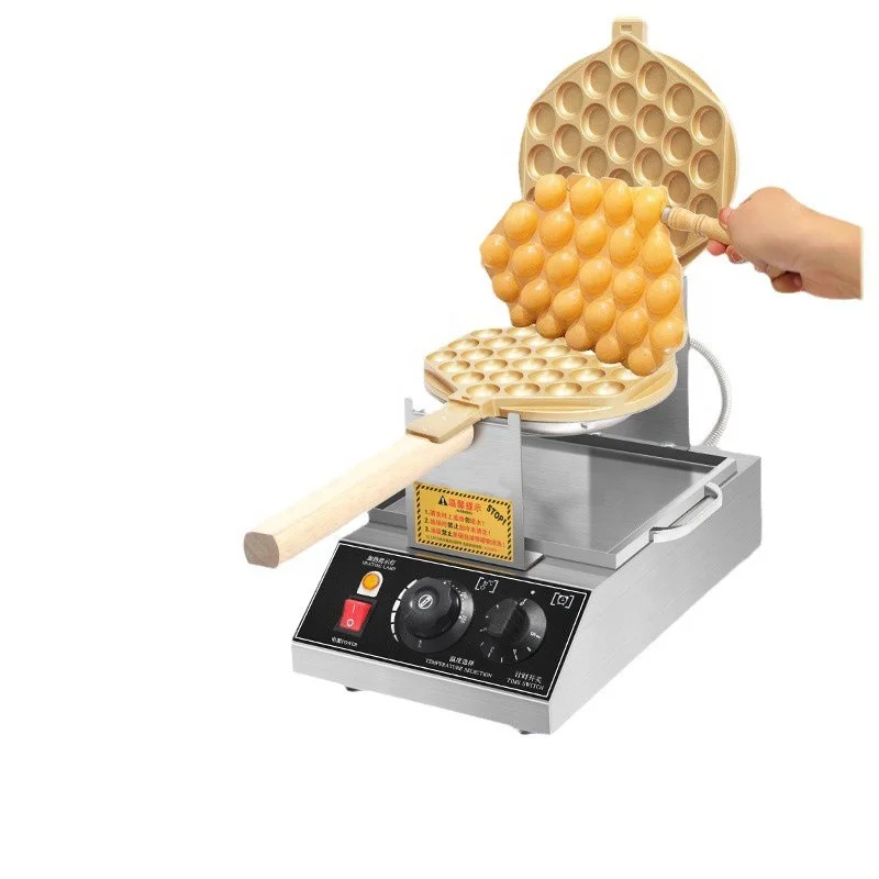 Waffle Iron Commercial Bubble Waffle Maker 1400 Watt Egg Bubble Puff Iron 50-250 Degree Adjustable 180° Rotatable Wood Handle