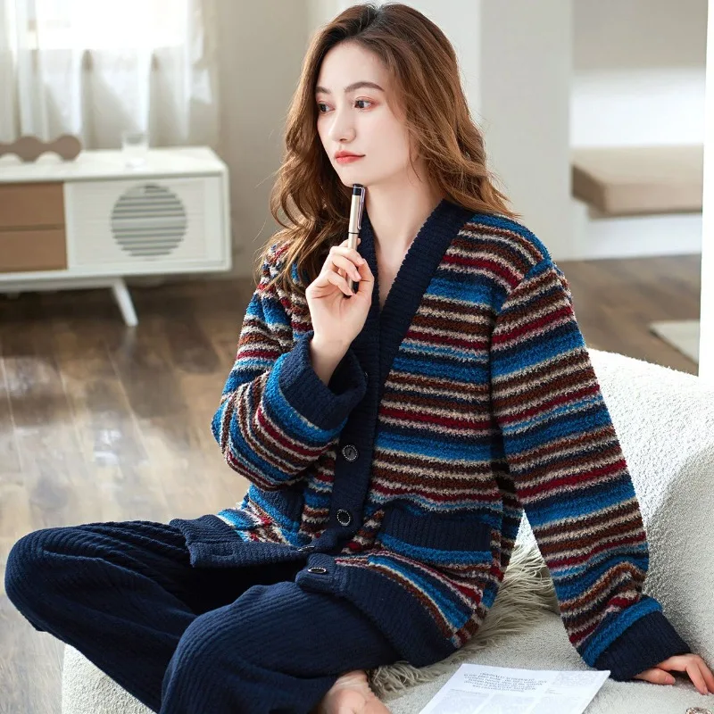 Pajamas Female Flannel Streak Large Size Mommy Dress Coral Fleece A Loungewear Set Simple Autumn and Winter Thickening Type