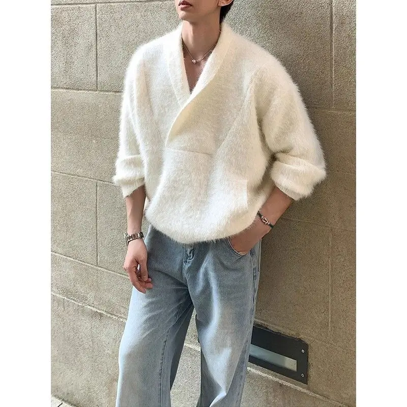 

Lu V-ne вязаный свитер однотонного цвета, мягкий, уютный, ленивый, мужской, осенне-зимний, корейский, легкий, роскошный, из меха норки, модный свитер...