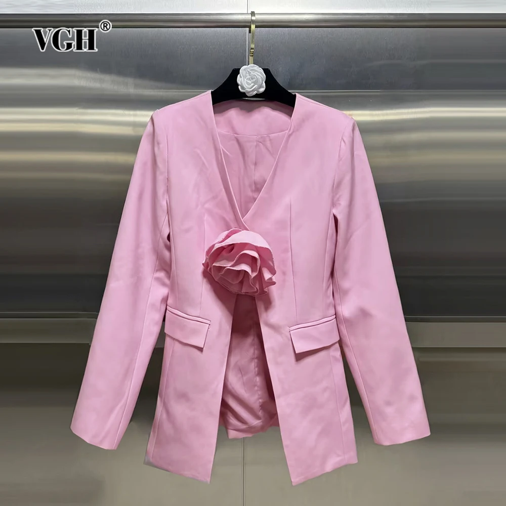 

VGH Patchwork Appliques Casual Coats For Women V Neck Long Sleeve Spliced Pockets Minimalist Loose Solid Coat Female Fashion New