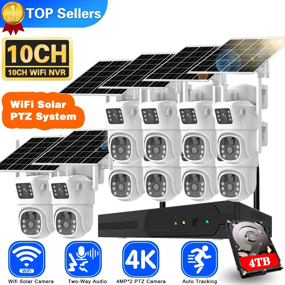 Sistema de câmera solar CCTV com lente dupla, kit NVR, sem fio, áudio bidirecional, PTZ, segurança IP, conjunto de videovigilância, wi-fi, 4K, 8MP, 10CH