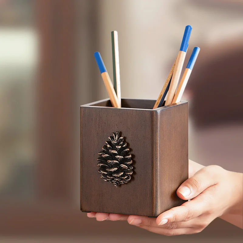 Solid wood pen holder Wooden storage box Office pen case Desktop stationery storage box School University Teachers' Day gift