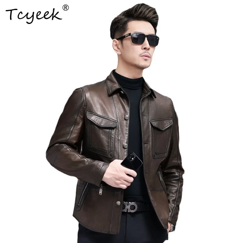 

Tcyeek из овчины, весенне-осенняя модная короткая мотоциклетная коричневая мужская куртка с лацканами в стиле ретро, Aqueta De Couro Masculina