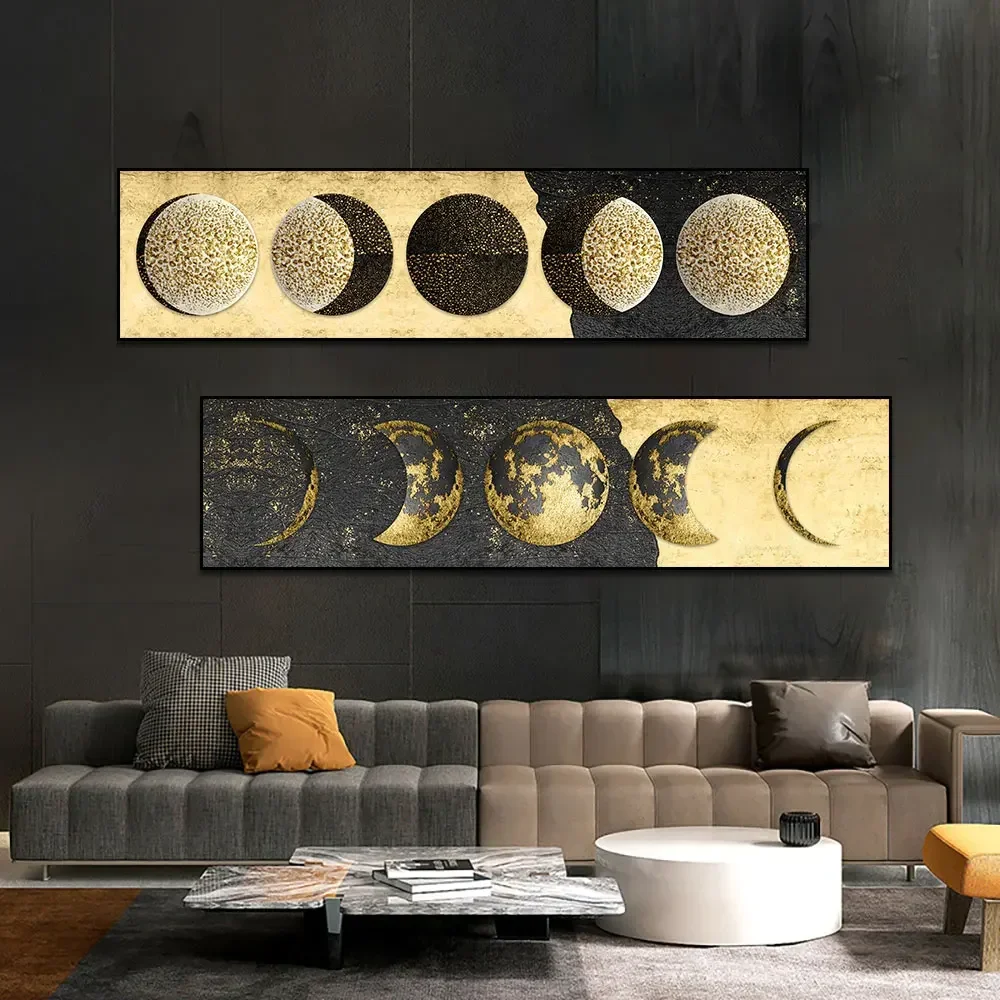 Abstract Creative Golden Moon Wall Art Poster Prints Moon Phase Canvas Painting Planet Solar Pictures for Living Room Home Decor