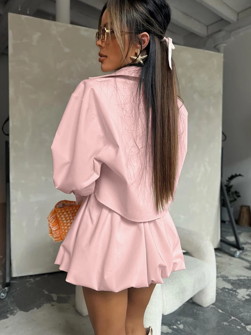 Marthaqiqi Casual Women Sleepwear Set Long Sleeve Pajama Crop Top Nightwear Turn-Down Collar Nightie Skirt Ladies Nightgown Suit