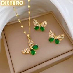 DIEYURO 316L Stainless Steel Steell Green Crystal Hollow Out Butterfly Necklace Earring Set For Women New Fashion Jewelry Gift