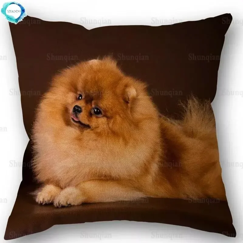 

New Custom Pomeranian Dog Pillowcase Cotton Linen Fabric Square Zipper Pillowcase 45X45cm Wedding Decorative Pillow cover