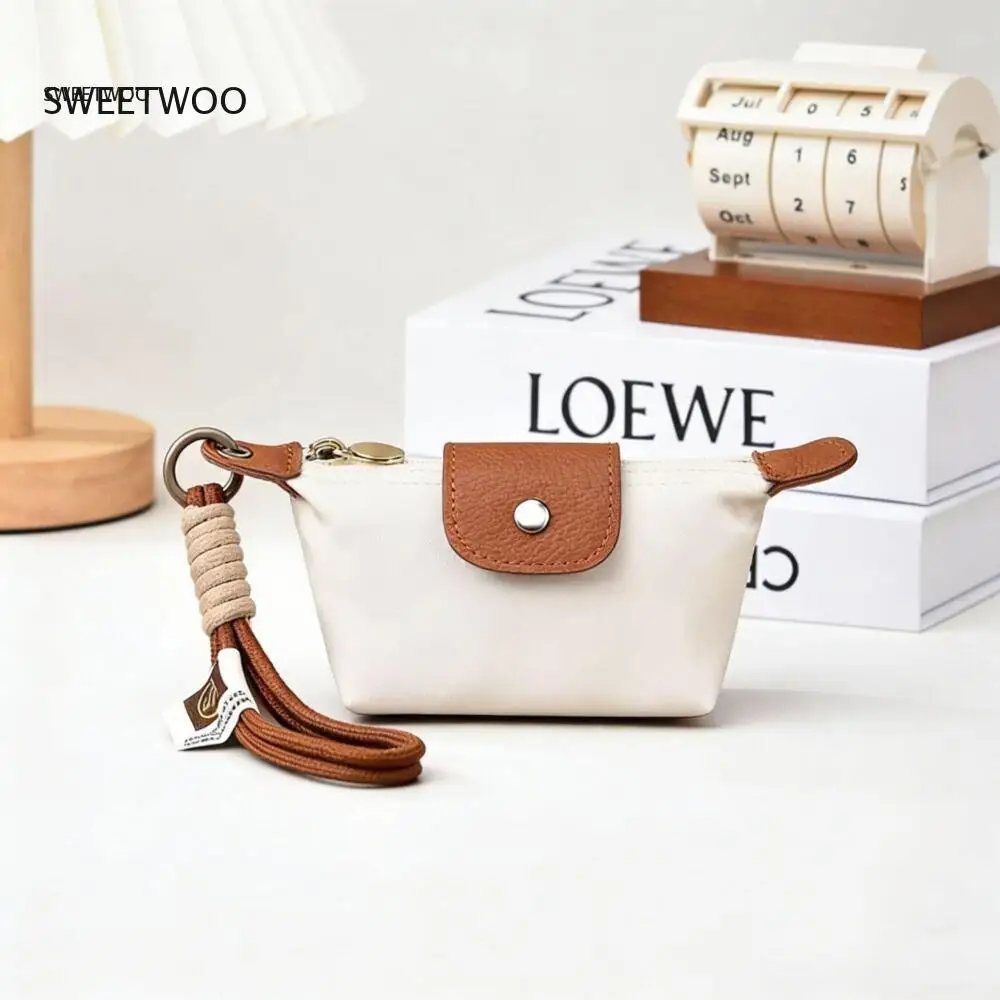 Nylon & Faux Leather Mini Coin Purse, Zippered Pouch with Keychain Wrist Strap