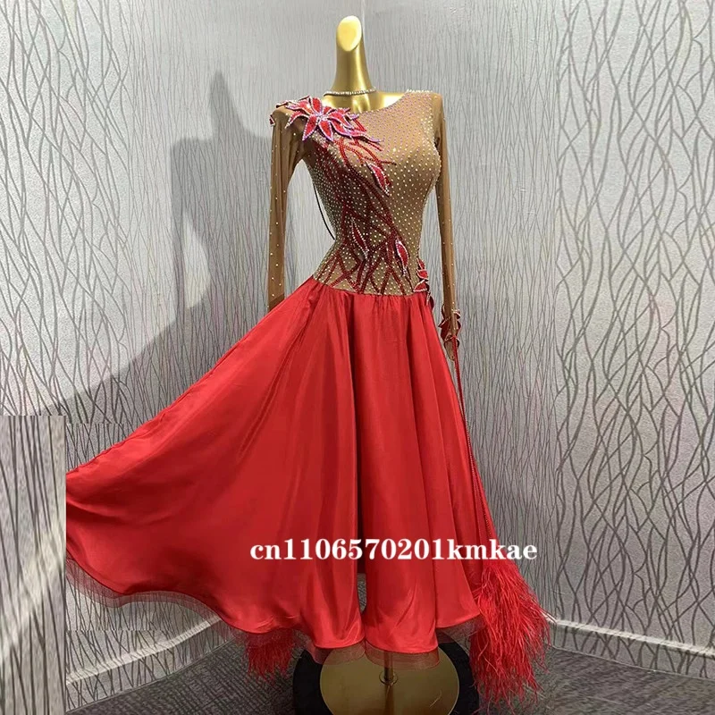 Elegant Red Ballroom Competition Dress, Rhinestone Floral & Feather Details, Long Sleeve Satin Skirt for Professional Dancers