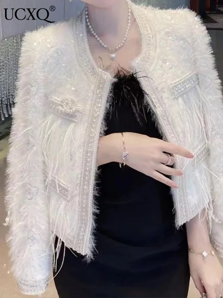 

UCXQ Elegant Short Jacket European Style Pearl Sequin All Match Tassel All-match Fashion Coat Women 2024 New Spring Autumn 1149