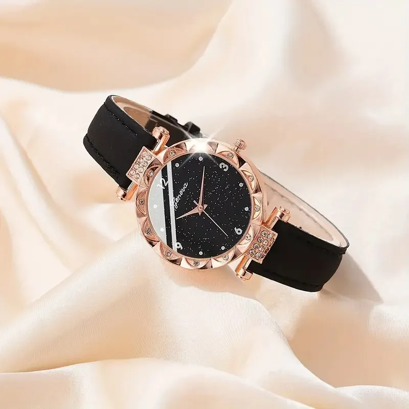 Women Diamond Studded Starry Frosted Quartz Watch Elegant Niche Light Luxury Leather Strap Wristwatch Trendy