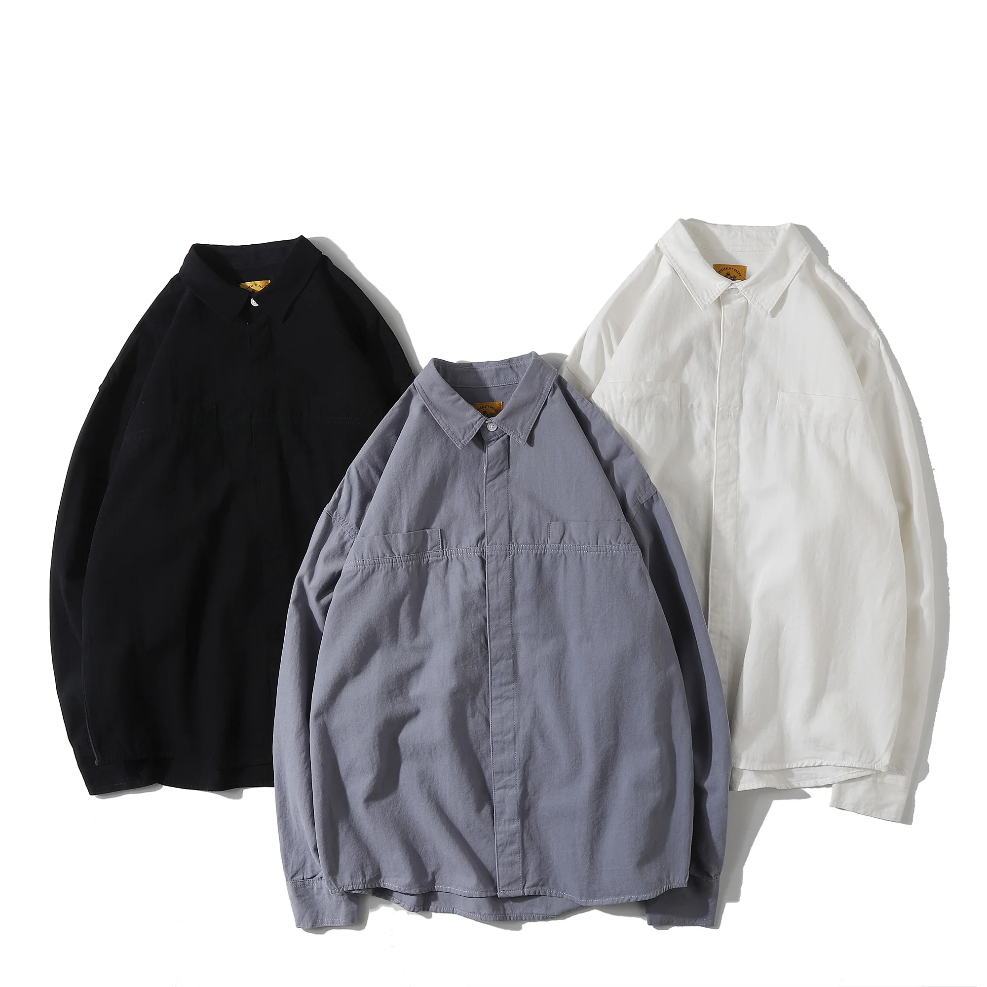 

Retro Japanese Sle Long Sve Cotton irt ex Pure Color BF Sle Couple Tops Spring Autumn Loose Fit Youth Trend