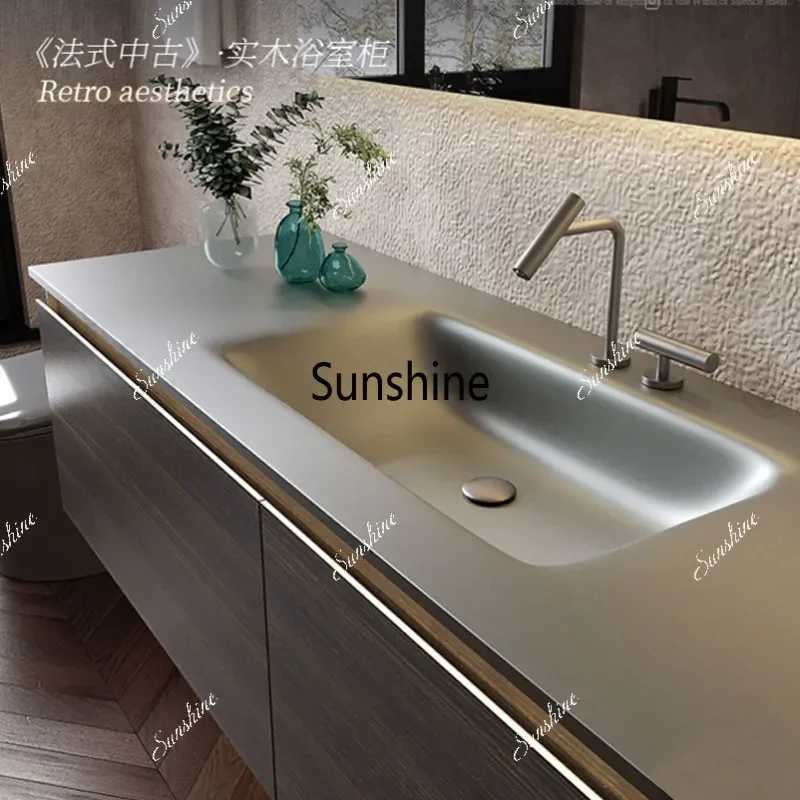 YItalian light luxury custom rock slab hot bending integrated basin smart bathroom cabinet combination