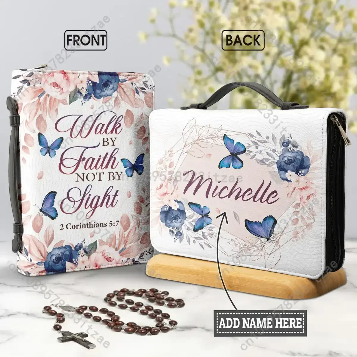 

Women's Bible Bag Walk By Faith Bible Verse Excerpt Print Handbag Practical Zippered Handle Study Book Holy Storage Boxes DIY