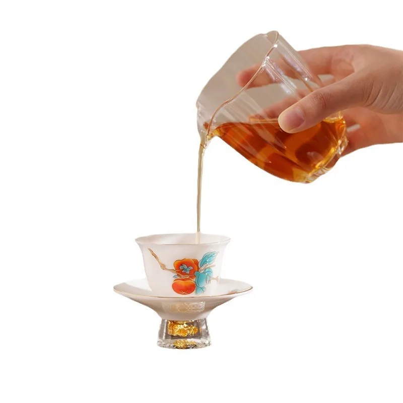Suet jade white porcelain teacup hand-painted Chinese high-footed cover bowl light luxury tea set
