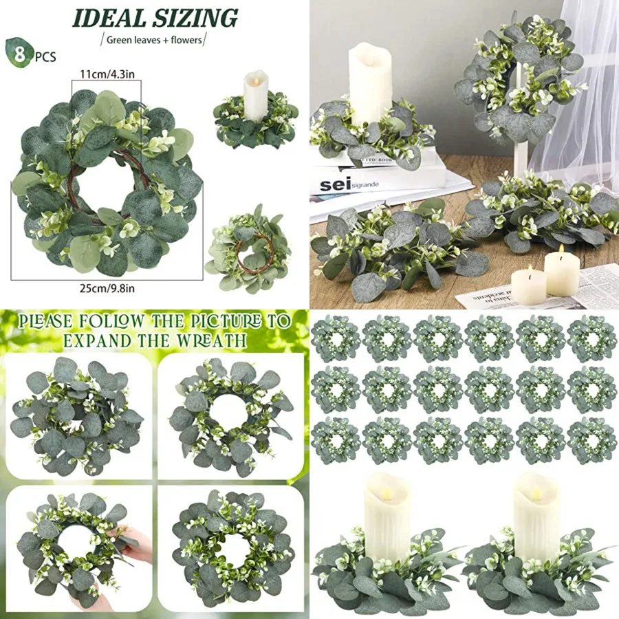 

Panelee 20 Pcs Candle Rings Artificial Eucalyptus Candle Wreath Rings ery Leaves Boho Candles Garland Pillar for Wedding