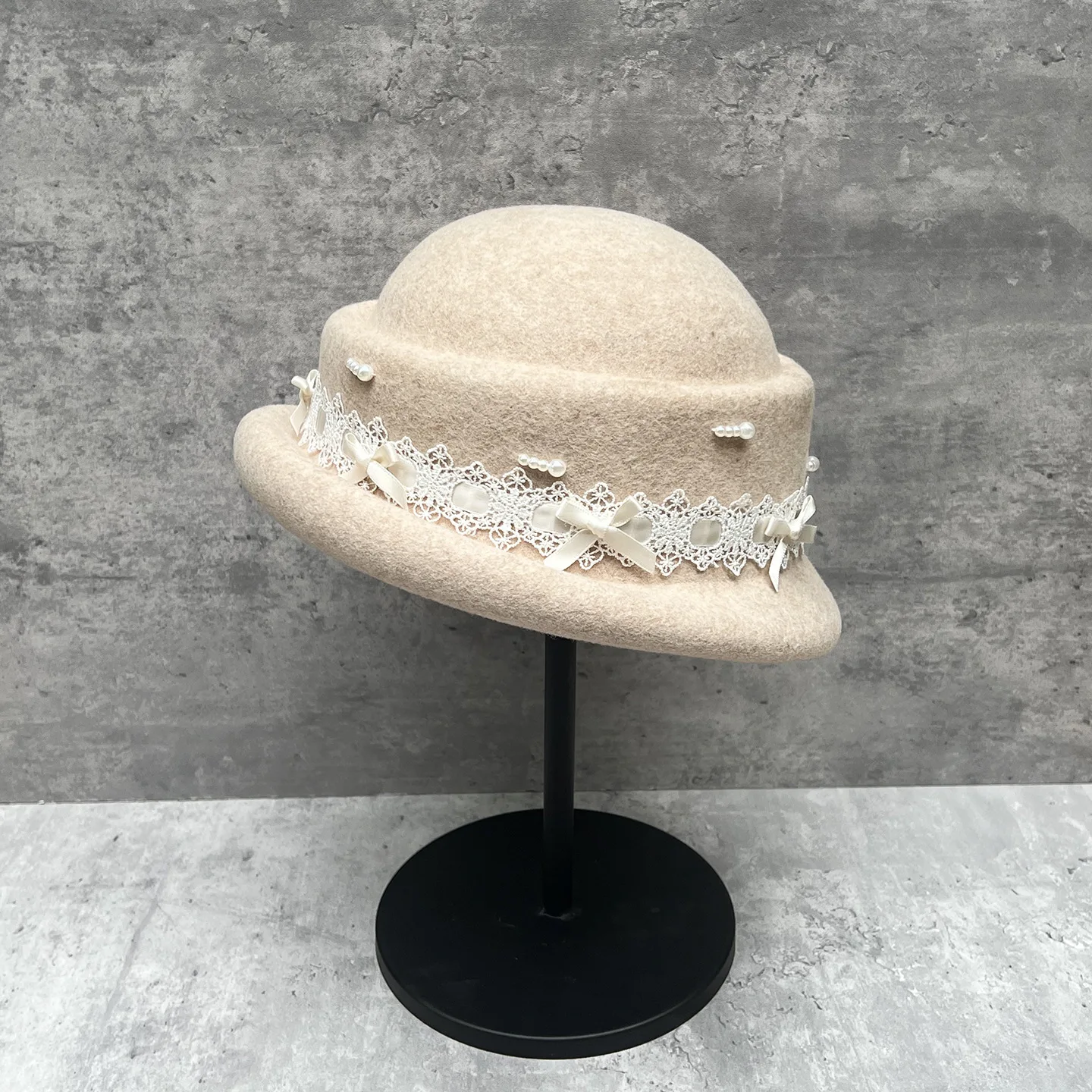 French Light Luxury Lace Bow Pearl Fisherman Hat High Quality Australian Wool Berets Hat Fashion Elegant Small Fragrance Hat