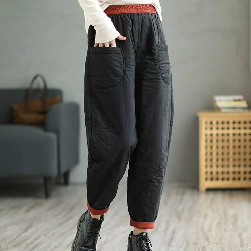 

Retro Hit Color Quilted Mommy Harem Pants 2024 New Winter High Waist Casual Loose Outerwear Trousers Warm Thick Wide Leg Pants