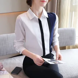 Office Lady Contrast Style Turn-down Collar Blouse Women's Chiffon Shirts Female Elegant Fashion Loose Casual Top