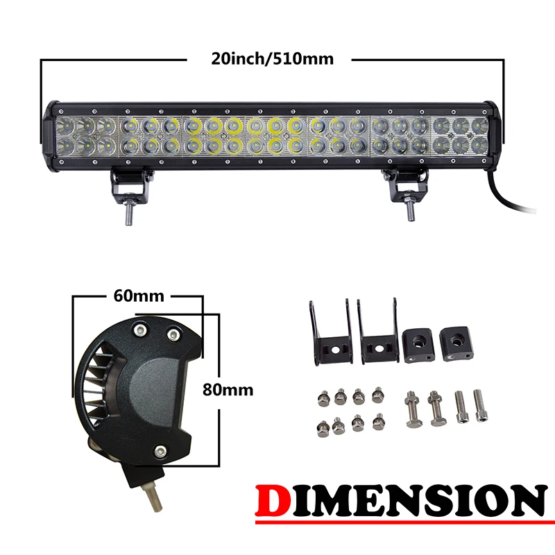20 inch 126w LED Light Bar License Plate Mount Bracket Bull Bar IP67 Combo Beam Car SUV Offroad Truck 4x4 12V 24V