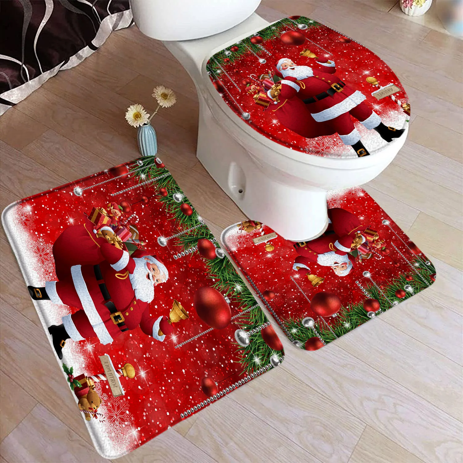 Red Christmas Bath Mat Set Santa Claus Elk Green Pine Branch Xmas Ball Home Carpet Non-slip Bathroom Decor Rugs Toilet Lid Cover