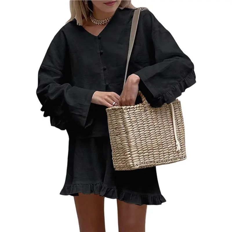 

CYL-Women's Outfits Shorts Set 2 Piece Button Up Long Sleeve Shirt Mini Shorts Set