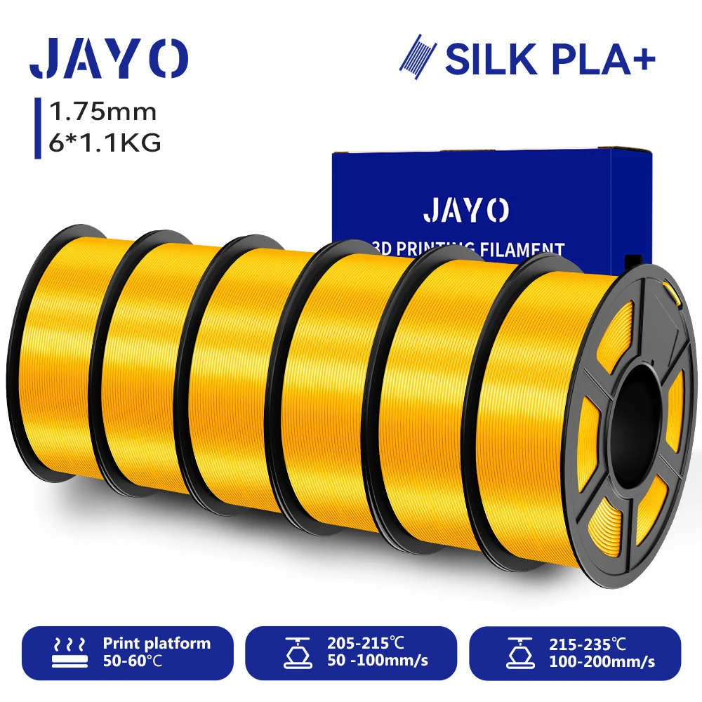 JAYO 6 Rollen SILK PLA + Filament 1,75 mm SILK PLA Plus Filament, glatte, seidige, glänzende Oberfläche, 3D-Filament, geeignet für FDM-Drucker