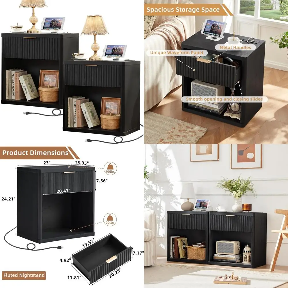 منضدة مزرعة مزدوجة مخددة مع محطة شحن، وطاولات نهاية ذات درج عريض 23 بوصة، وخزانة غرفة نوم سوداء ومجموعة سرير