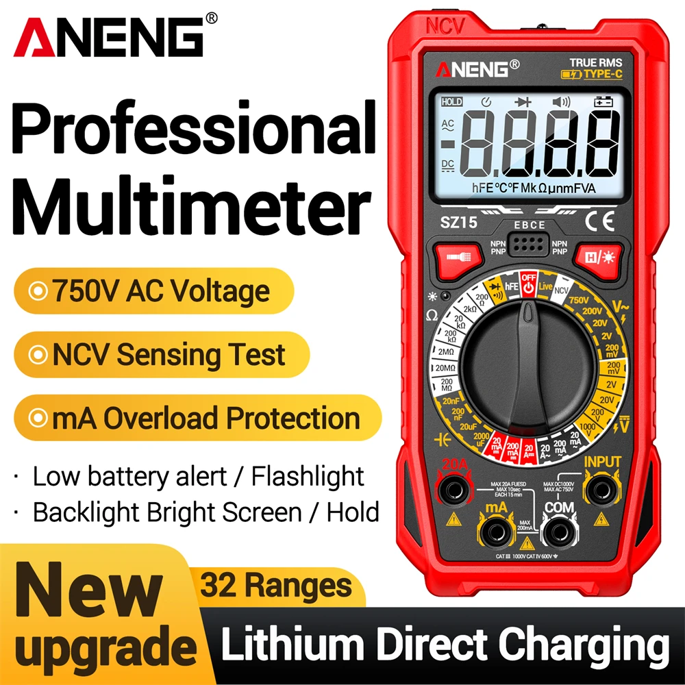 Digital Multimeter Rechargeable NCV Voltage Sensing Voltmeter Ammeter Resistance Capacitance Electrician DIY Detector ANENG SZ15